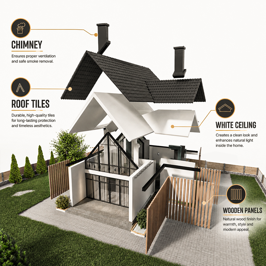AEC technical communication visual showing building parts, roof tiles, chimney, panels, and callouts