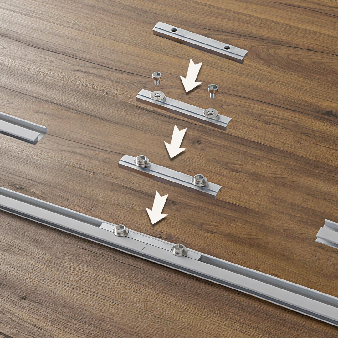 3D instructional visual showing rail assembly, screws, brackets, and installation steps