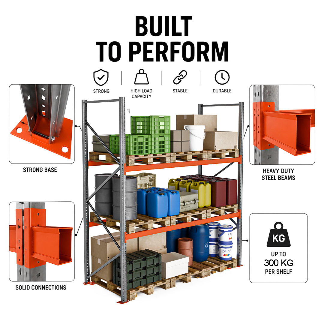 3D industrial shelving technical visual with load capacity, base, beams, and connection details